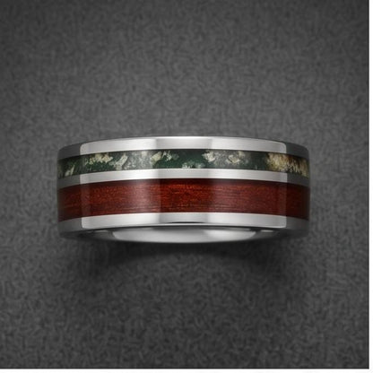 Men Silver Tungsten Carbide Ring with Moss Agate & Koa Wood ~ Anniversary Promise Gift for Him ~ Modern Burning Man Jewelry ~