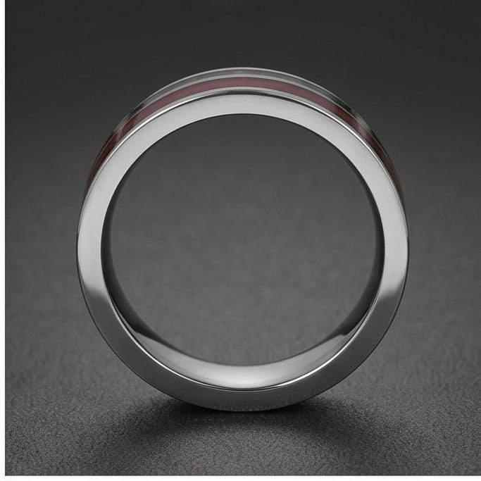 Men Silver Tungsten Carbide Ring with Moss Agate & Koa Wood ~ Anniversary Promise Gift for Him ~ Modern Burning Man Jewelry ~
