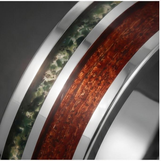 Men Silver Tungsten Carbide Ring with Moss Agate & Koa Wood ~ Anniversary Promise Gift for Him ~ Modern Burning Man Jewelry ~