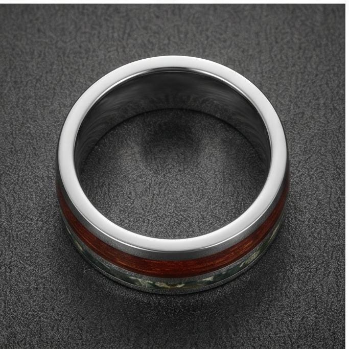 Men Silver Tungsten Carbide Ring with Moss Agate & Koa Wood ~ Anniversary Promise Gift for Him ~ Modern Burning Man Jewelry ~