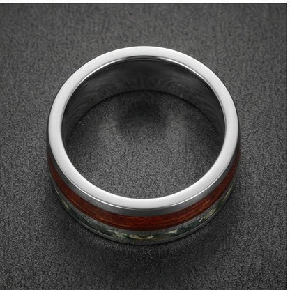 Men Silver Tungsten Carbide Ring with Moss Agate & Koa Wood ~ Anniversary Promise Gift for Him ~ Modern Burning Man Jewelry ~