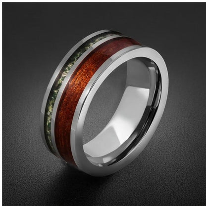 Men Silver Tungsten Carbide Ring with Moss Agate & Koa Wood ~ Anniversary Promise Gift for Him ~ Modern Burning Man Jewelry ~