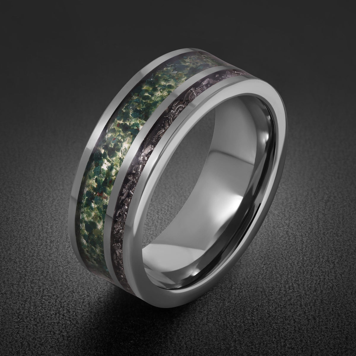 Moss Agate Ring with Meteorite, Meteorite Ring, Silver Tungsten Ring, Silver Wedding Ring, Mens Wedding Band, Mens Ring, Anni