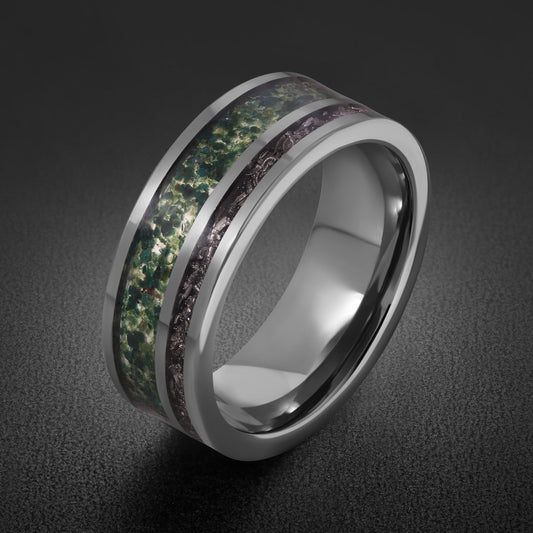 Moss Agate Ring with Meteorite, Meteorite Ring, Silver Tungsten Ring, Silver Wedding Ring, Mens Wedding Band, Mens Ring, Anni