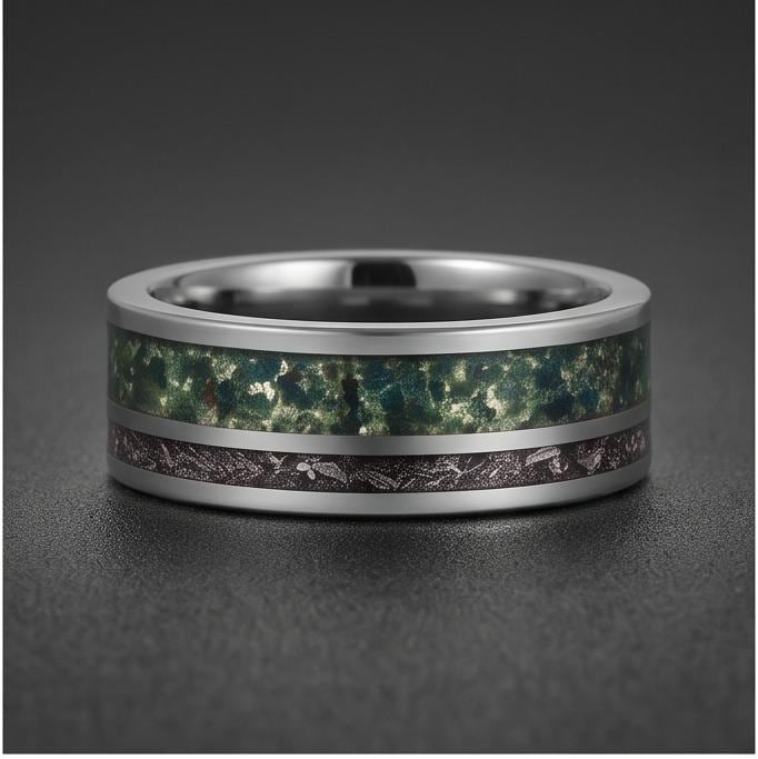 Moss Agate Ring with Meteorite, Meteorite Ring, Silver Tungsten Ring, Silver Wedding Ring, Mens Wedding Band, Mens Ring, Anni