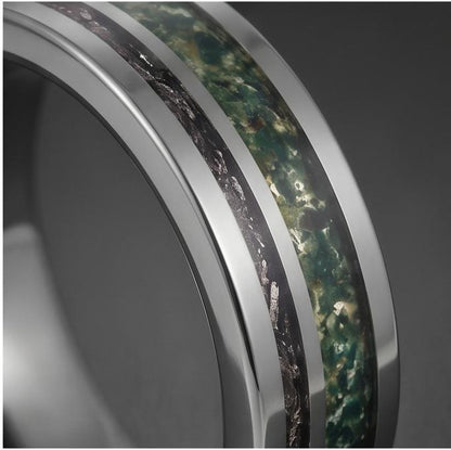 Moss Agate Ring with Meteorite, Meteorite Ring, Silver Tungsten Ring, Silver Wedding Ring, Mens Wedding Band, Mens Ring, Anni