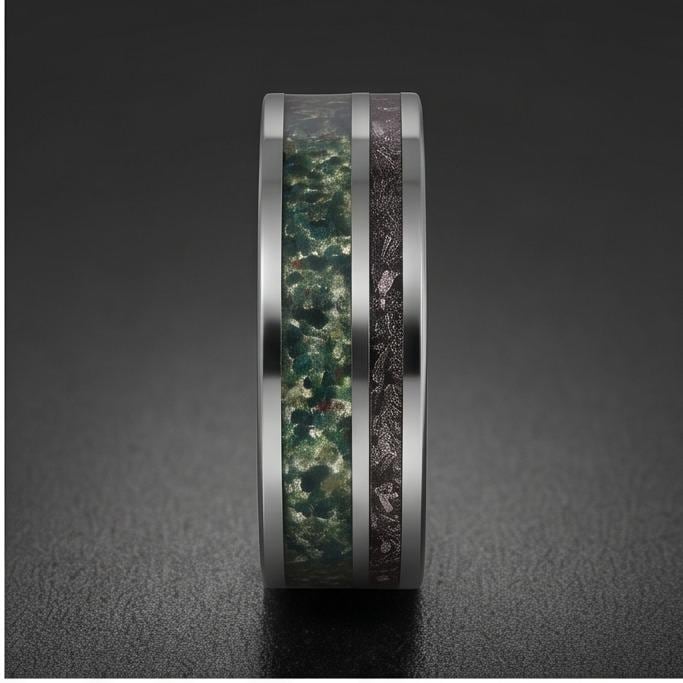 Moss Agate Ring with Meteorite, Meteorite Ring, Silver Tungsten Ring, Silver Wedding Ring, Mens Wedding Band, Mens Ring, Anni