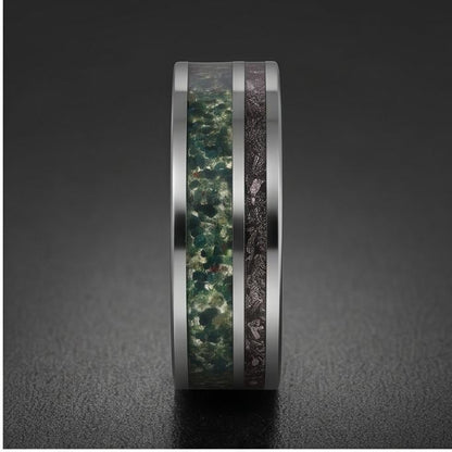 Moss Agate Ring with Meteorite, Meteorite Ring, Silver Tungsten Ring, Silver Wedding Ring, Mens Wedding Band, Mens Ring, Anni
