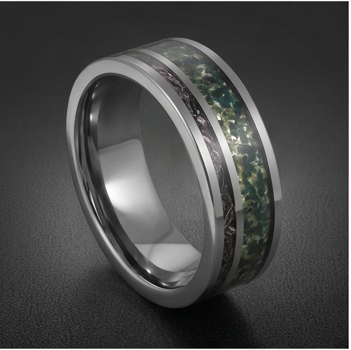 Moss Agate Ring with Meteorite, Meteorite Ring, Silver Tungsten Ring, Silver Wedding Ring, Mens Wedding Band, Mens Ring, Anni