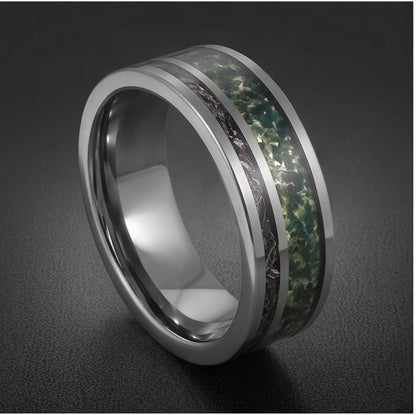 Moss Agate Ring with Meteorite, Meteorite Ring, Silver Tungsten Ring, Silver Wedding Ring, Mens Wedding Band, Mens Ring, Anni
