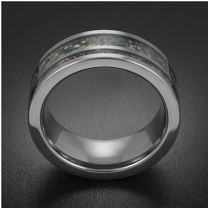 Moss Agate Ring with Meteorite, Meteorite Ring, Silver Tungsten Ring, Silver Wedding Ring, Mens Wedding Band, Mens Ring, Anni