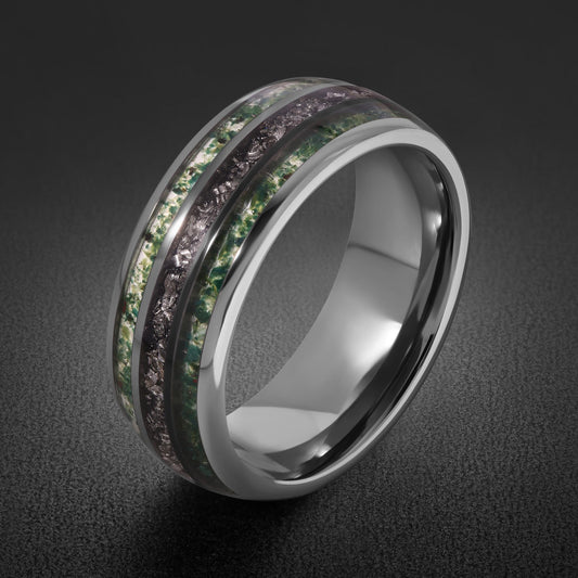 Silver Tungsten Ring with Moss Agate and Meteorite ~ Men's Green Gemstone Wedding Band ~ Handcrafted Cosmic Jewelry for E
