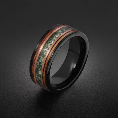 Moss Agate Ring, Charred Whiskey Barrel Ring, Black Tungsten Ring, Black Wedding Ring, Mens Wedding Band, Mens Ring, Annivers