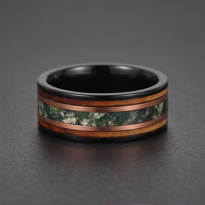 Moss Agate Ring, Charred Whiskey Barrel Ring, Black Tungsten Ring, Black Wedding Ring, Mens Wedding Band, Mens Ring, Annivers