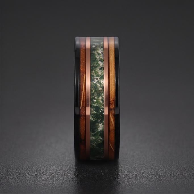 Moss Agate Ring, Charred Whiskey Barrel Ring, Black Tungsten Ring, Black Wedding Ring, Mens Wedding Band, Mens Ring, Annivers