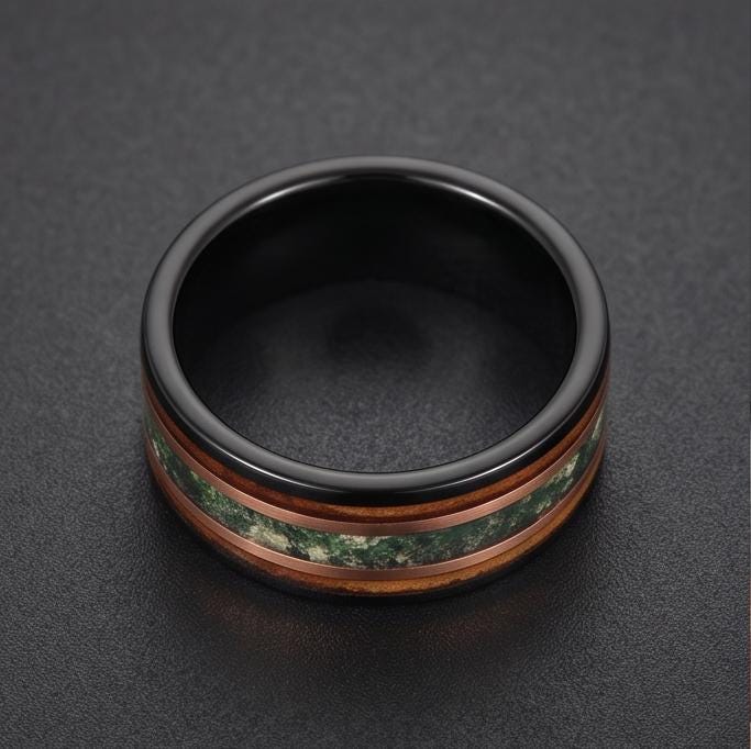 Moss Agate Ring, Charred Whiskey Barrel Ring, Black Tungsten Ring, Black Wedding Ring, Mens Wedding Band, Mens Ring, Annivers