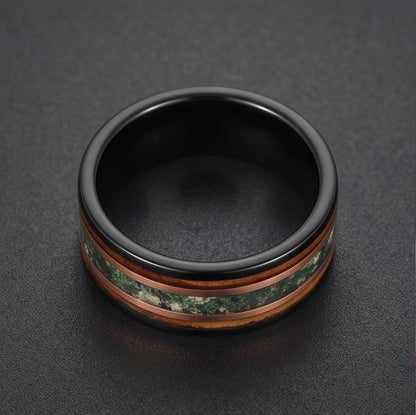 Moss Agate Ring, Charred Whiskey Barrel Ring, Black Tungsten Ring, Black Wedding Ring, Mens Wedding Band, Mens Ring, Annivers