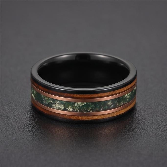 Moss Agate Ring, Charred Whiskey Barrel Ring, Black Tungsten Ring, Black Wedding Ring, Mens Wedding Band, Mens Ring, Annivers