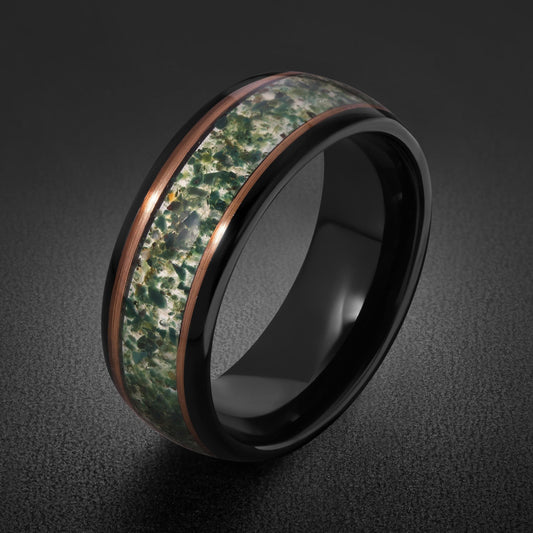 Moss Agate Ring, Black Tungsten Ring, Rose Gold Ring, Black Wedding Ring, Mens Wedding Band, Mens Ring, Anniversary Ring, Eng