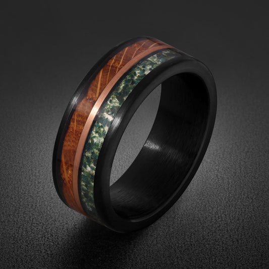 Moss Agate Ring, Whiskey Barrel Ring, Black Tungsten Ring, Black Wedding Ring, Mens Wedding Band, Mens Ring, Anniversary Ring