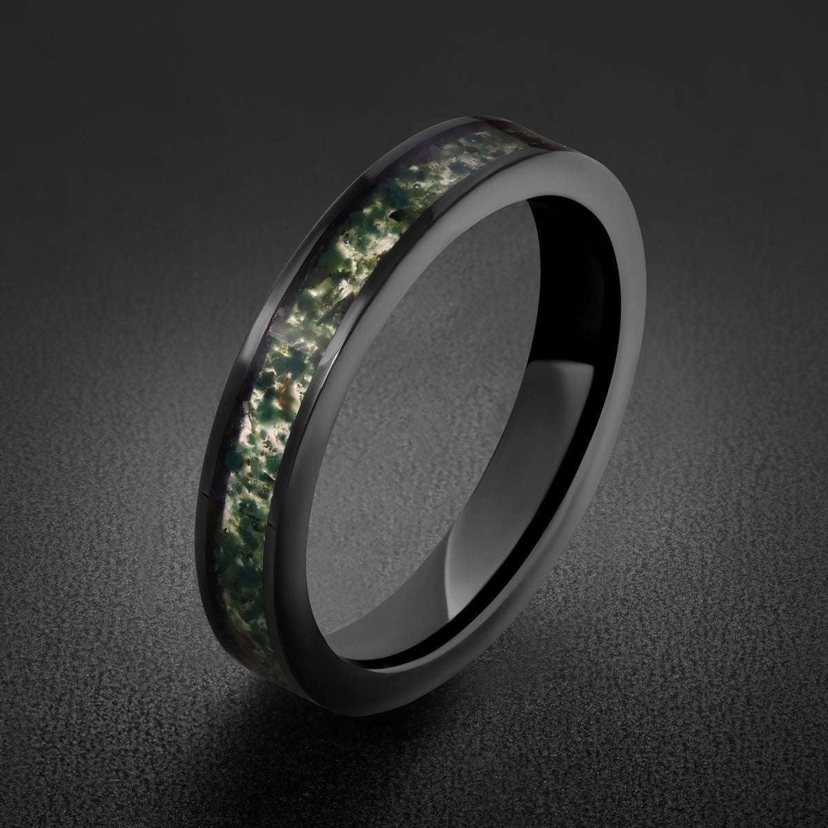 Moss Agate Ring, Black Tungsten Ring, Black Wedding Ring, Mens Wedding Band, Womens Ring, Anniversary Ring, Engagement Ring, 