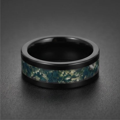 Moss Agate Ring, Black Tungsten Ring, Black Wedding Ring, Mens Wedding Band, Womens Ring, Anniversary Ring, Engagement Ring, 