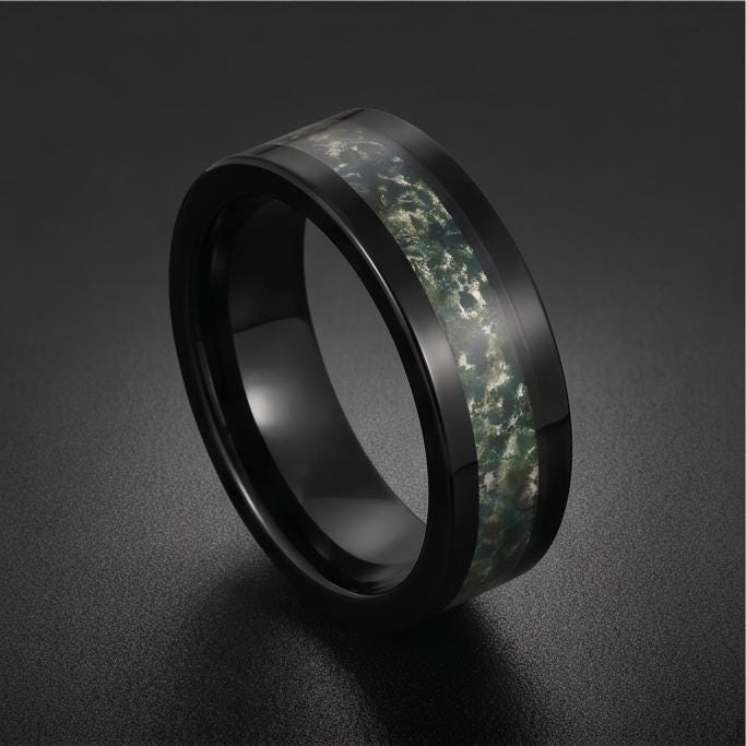 Moss Agate Ring, Black Tungsten Ring, Black Wedding Ring, Mens Wedding Band, Womens Ring, Anniversary Ring, Engagement Ring, 