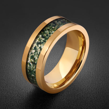 Moss Agate Gold Ring for Men ~ Nature Inspired Wedding Band ~ Green Moss Agate Ring - Unique Handcrafted Tungsten Jewelry Gif