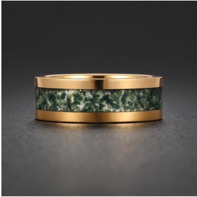 Moss Agate Ring, Gold Tungsten Ring, Gold Wedding Ring, Mens Wedding Band, Womens Ring, Anniversary Ring, Engagement Ring, 8m