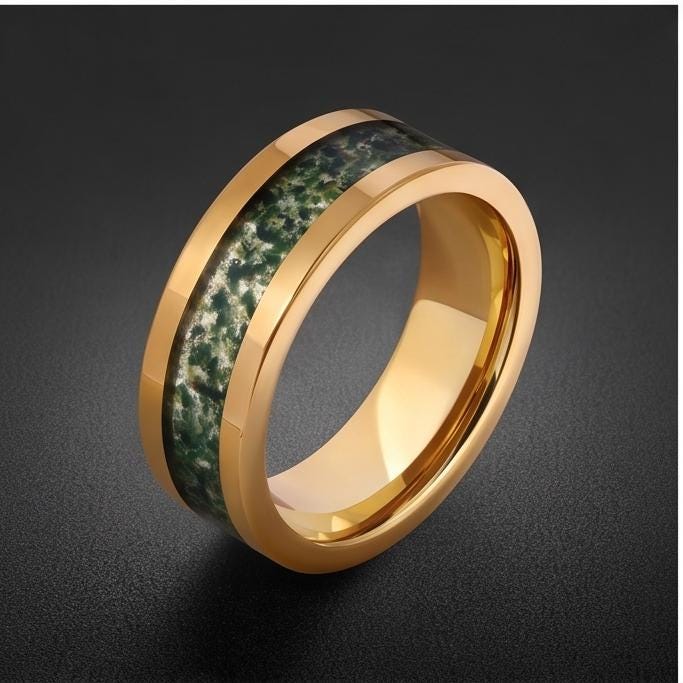 Moss Agate Ring, Gold Tungsten Ring, Gold Wedding Ring, Mens Wedding Band, Womens Ring, Anniversary Ring, Engagement Ring, 8m