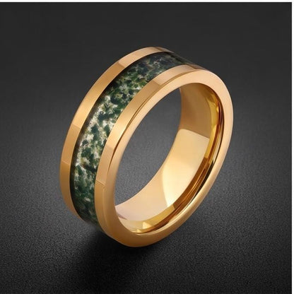 Moss Agate Ring, Gold Tungsten Ring, Gold Wedding Ring, Mens Wedding Band, Womens Ring, Anniversary Ring, Engagement Ring, 8m