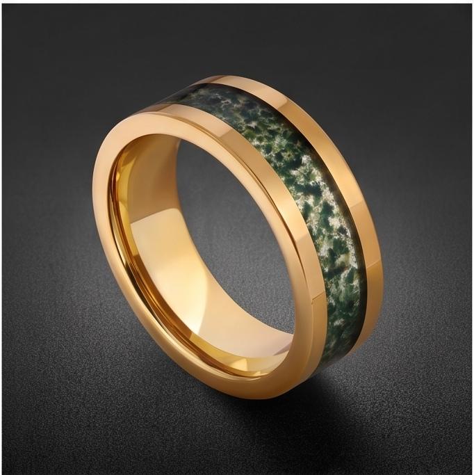 Moss Agate Ring, Gold Tungsten Ring, Gold Wedding Ring, Mens Wedding Band, Womens Ring, Anniversary Ring, Engagement Ring, 8m