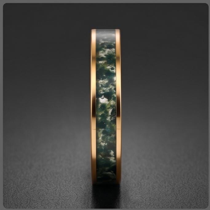 Moss Agate Ring, Gold Tungsten Ring, Gold Wedding Ring, Mens Wedding Band, Womens Ring, Anniversary Ring, Engagement Ring, 8m