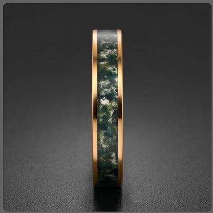 Moss Agate Ring, Gold Tungsten Ring, Gold Wedding Ring, Mens Wedding Band, Womens Ring, Anniversary Ring, Engagement Ring, 8m