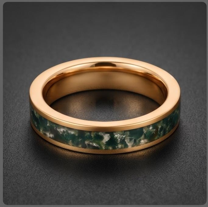 Moss Agate Ring, Gold Tungsten Ring, Gold Wedding Ring, Mens Wedding Band, Womens Ring, Anniversary Ring, Engagement Ring, 8m