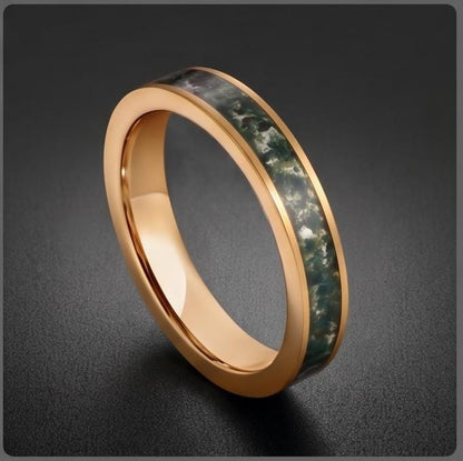 Moss Agate Ring, Gold Tungsten Ring, Gold Wedding Ring, Mens Wedding Band, Womens Ring, Anniversary Ring, Engagement Ring, 8m