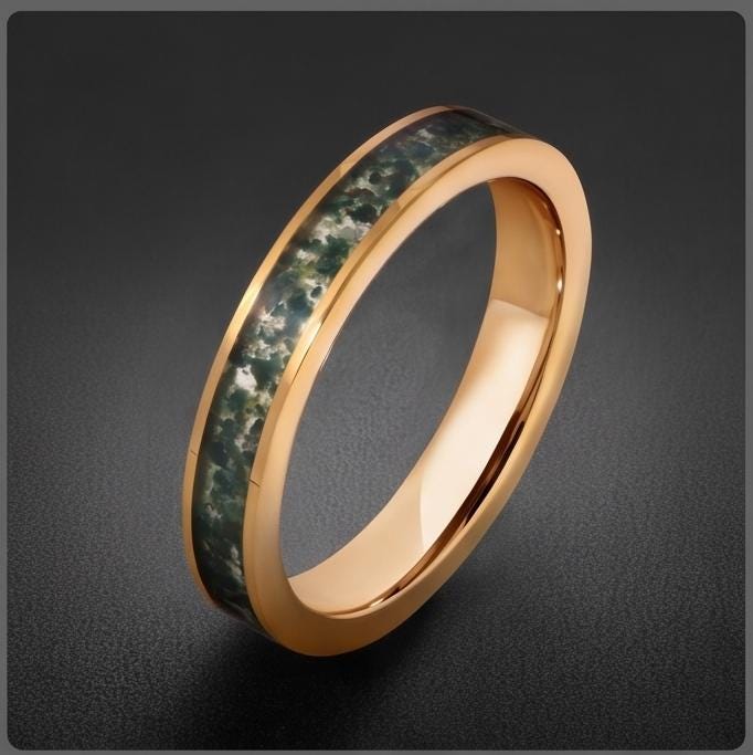 Moss Agate Gold Ring for Men ~ Nature Inspired Wedding Band ~ Green Moss Agate Ring - Unique Handcrafted Tungsten Jewelry Gif