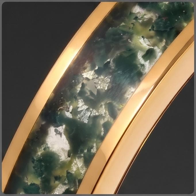 Moss Agate Gold Ring for Men ~ Nature Inspired Wedding Band ~ Green Moss Agate Ring - Unique Handcrafted Tungsten Jewelry Gif
