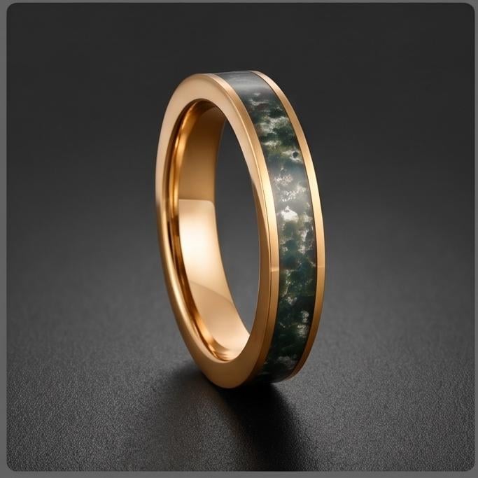 Moss Agate Gold Ring for Men ~ Nature Inspired Wedding Band ~ Green Moss Agate Ring - Unique Handcrafted Tungsten Jewelry Gif