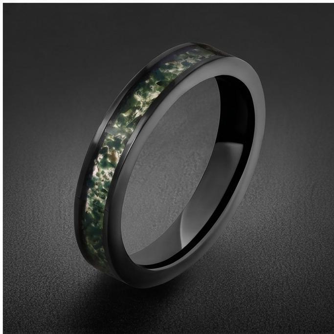 Moss Agate Ring, Black Tungsten Ring, Black Wedding Ring, Mens Wedding Band, Womens Ring, Anniversary Ring, Engagement Ring, 