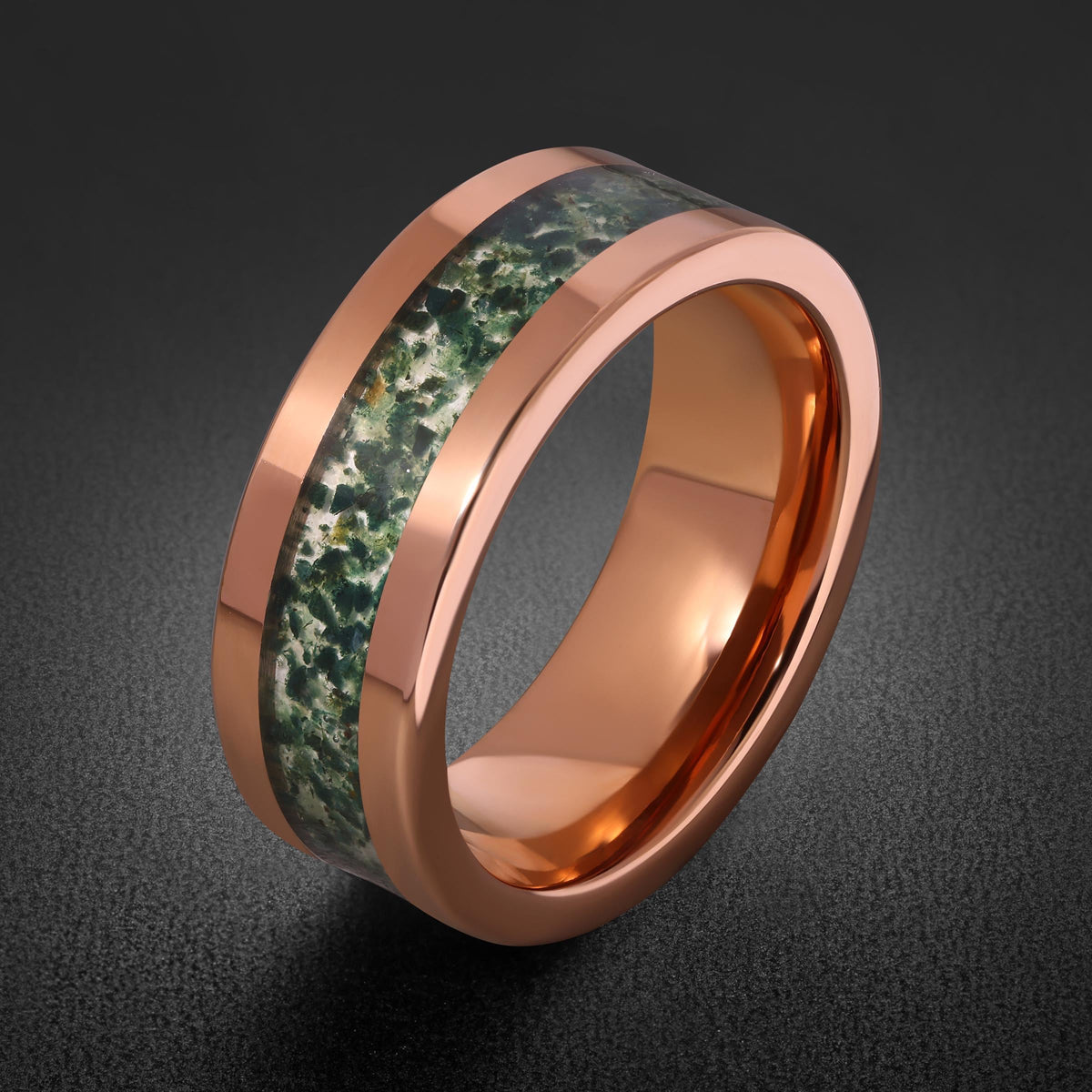 Moss Agate Ring, Rose Gold Tungsten Ring, Rose Gold Wedding Ring, Mens Wedding Band, Womens Ring, Anniversary Ring, Engagemen