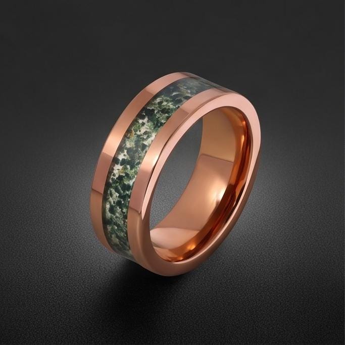 Moss Agate Ring, Rose Gold Tungsten Ring, Rose Gold Wedding Ring, Mens Wedding Band, Womens Ring, Anniversary Ring, Engagemen
