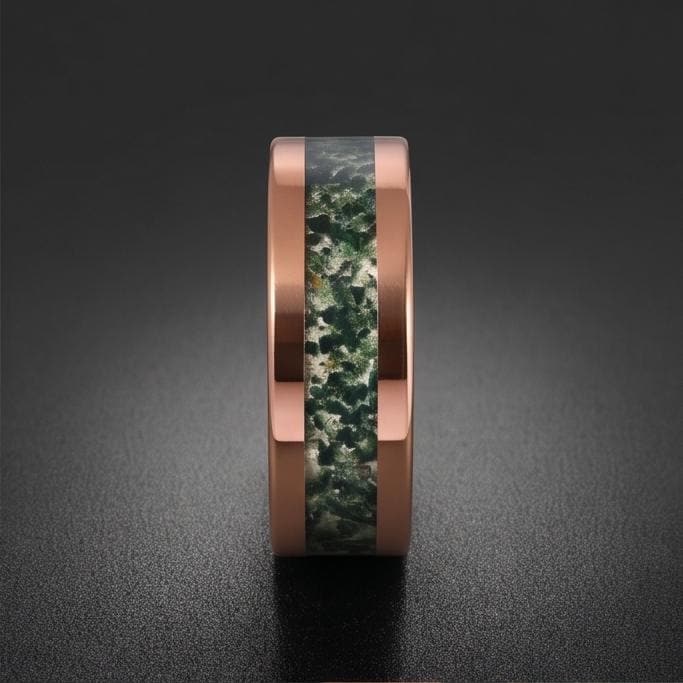 Moss Agate Ring, Rose Gold Tungsten Ring, Rose Gold Wedding Ring, Mens Wedding Band, Womens Ring, Anniversary Ring, Engagemen