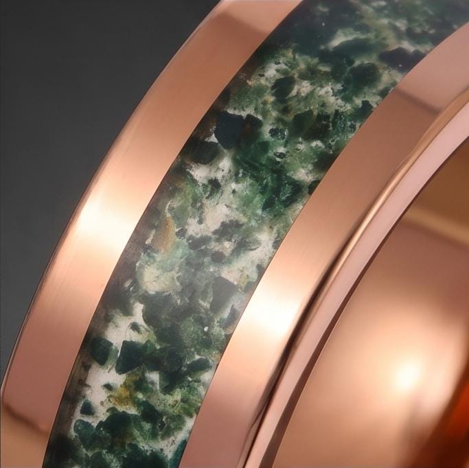Moss Agate Ring, Rose Gold Tungsten Ring, Rose Gold Wedding Ring, Mens Wedding Band, Womens Ring, Anniversary Ring, Engagemen