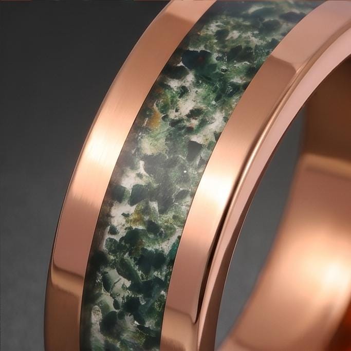Moss Agate Ring, Rose Gold Tungsten Ring, Rose Gold Wedding Ring, Mens Wedding Band, Womens Ring, Anniversary Ring, Engagemen