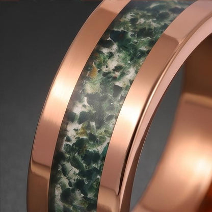 Moss Agate Ring, Rose Gold Tungsten Ring, Rose Gold Wedding Ring, Mens Wedding Band, Womens Ring, Anniversary Ring, Engagemen