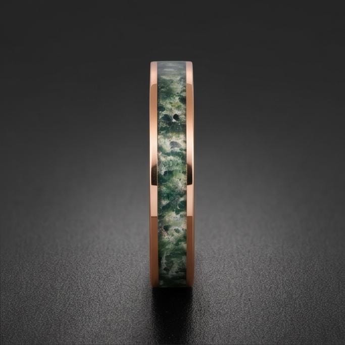 Moss Agate Ring, Rose Gold Tungsten Ring, Rose Gold Wedding Ring, Mens Wedding Band, Womens Ring, Anniversary Ring, Engagemen