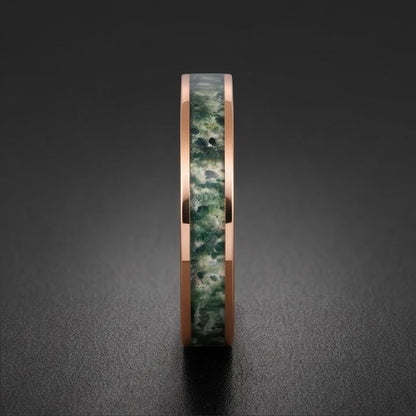 Moss Agate Ring, Rose Gold Tungsten Ring, Rose Gold Wedding Ring, Mens Wedding Band, Womens Ring, Anniversary Ring, Engagemen