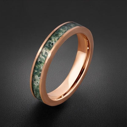 Moss Agate Ring, Rose Gold Tungsten Ring, Rose Gold Wedding Ring, Mens Wedding Band, Womens Ring, Anniversary Ring, Engagemen