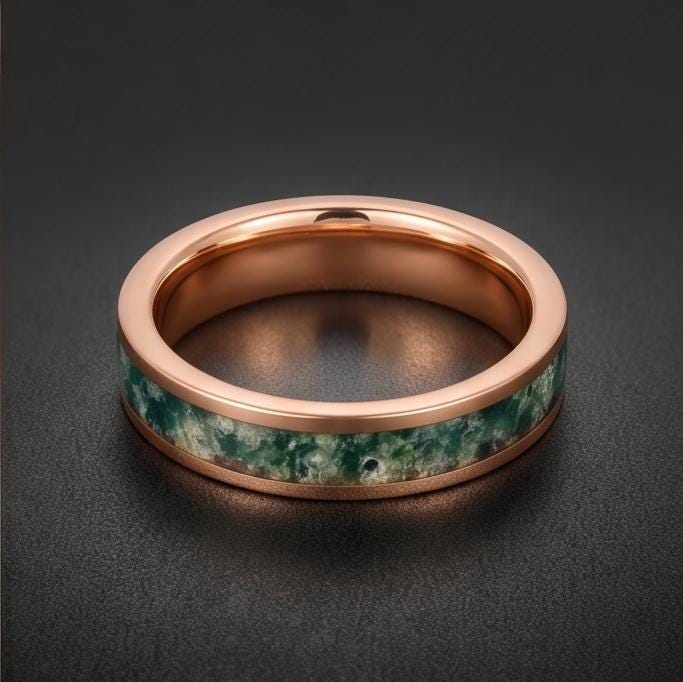 Moss Agate Ring, Rose Gold Tungsten Ring, Rose Gold Wedding Ring, Mens Wedding Band, Womens Ring, Anniversary Ring, Engagemen